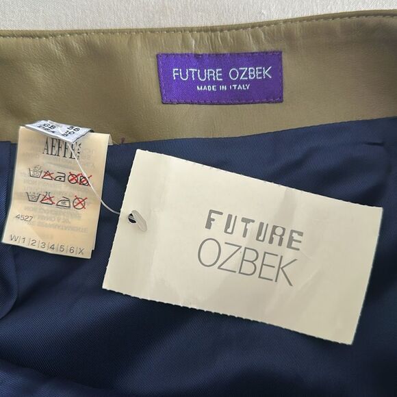 Future Ozbek Faux Leather A-Line Skirt Olive Green Size 8 Made in Italy - Picture 5 of 10